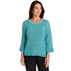 Ruby Rd. Fringe Turquoise Knit Sweater‎ Women's Small